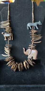 Vintage wooden artisan necklace, 28", panther, elephant